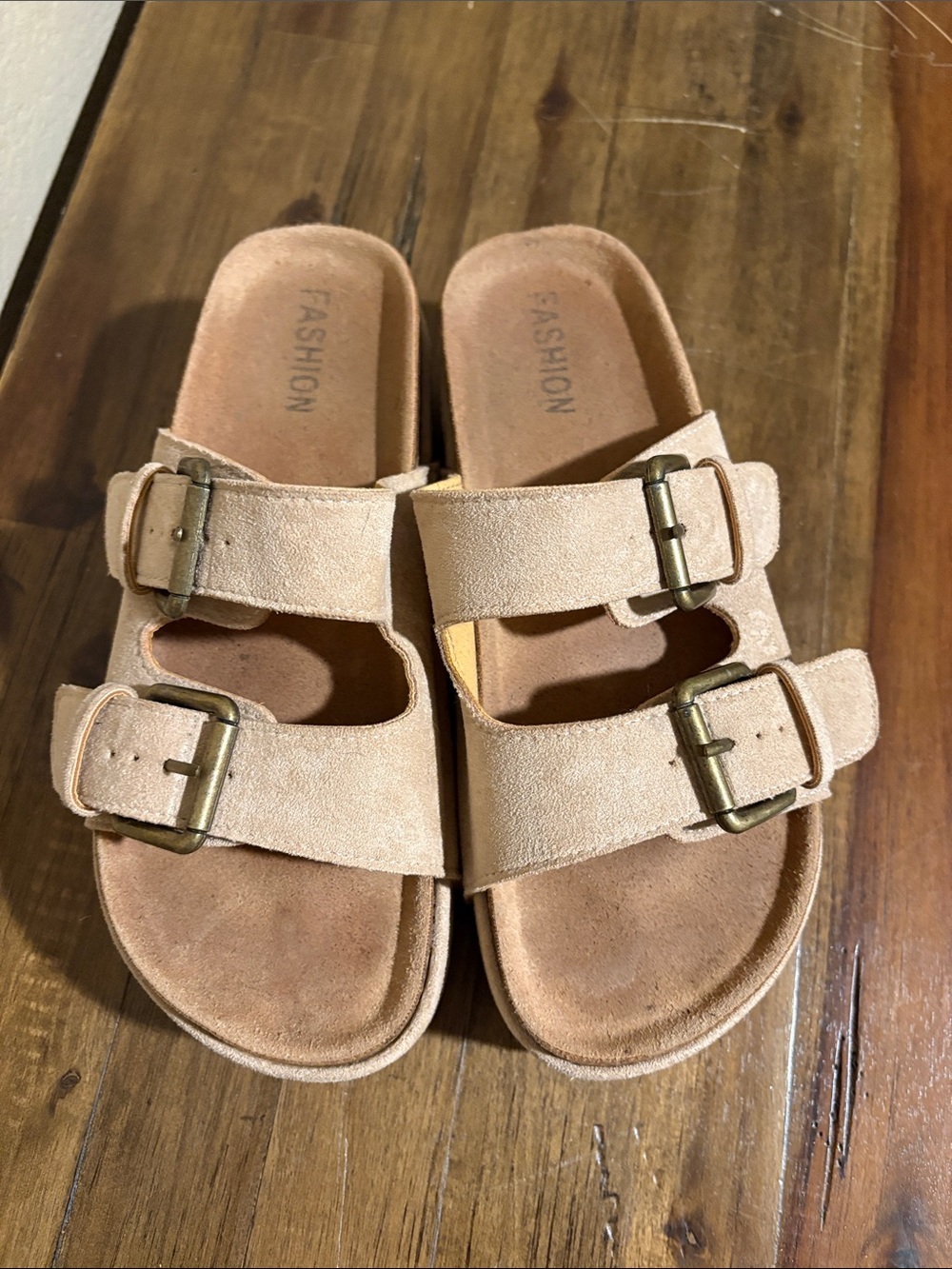 Kids Suede Double-Buckle Sandals in Beige -